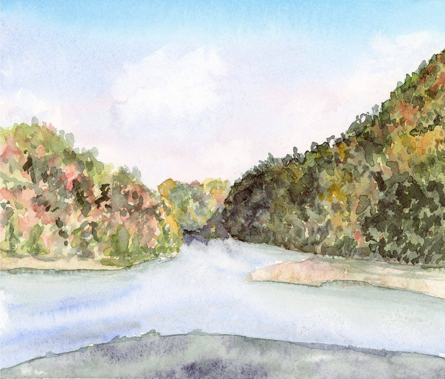 Original fall landscape travel painting of Creech Lake in Tennessee by ERICA MAC.